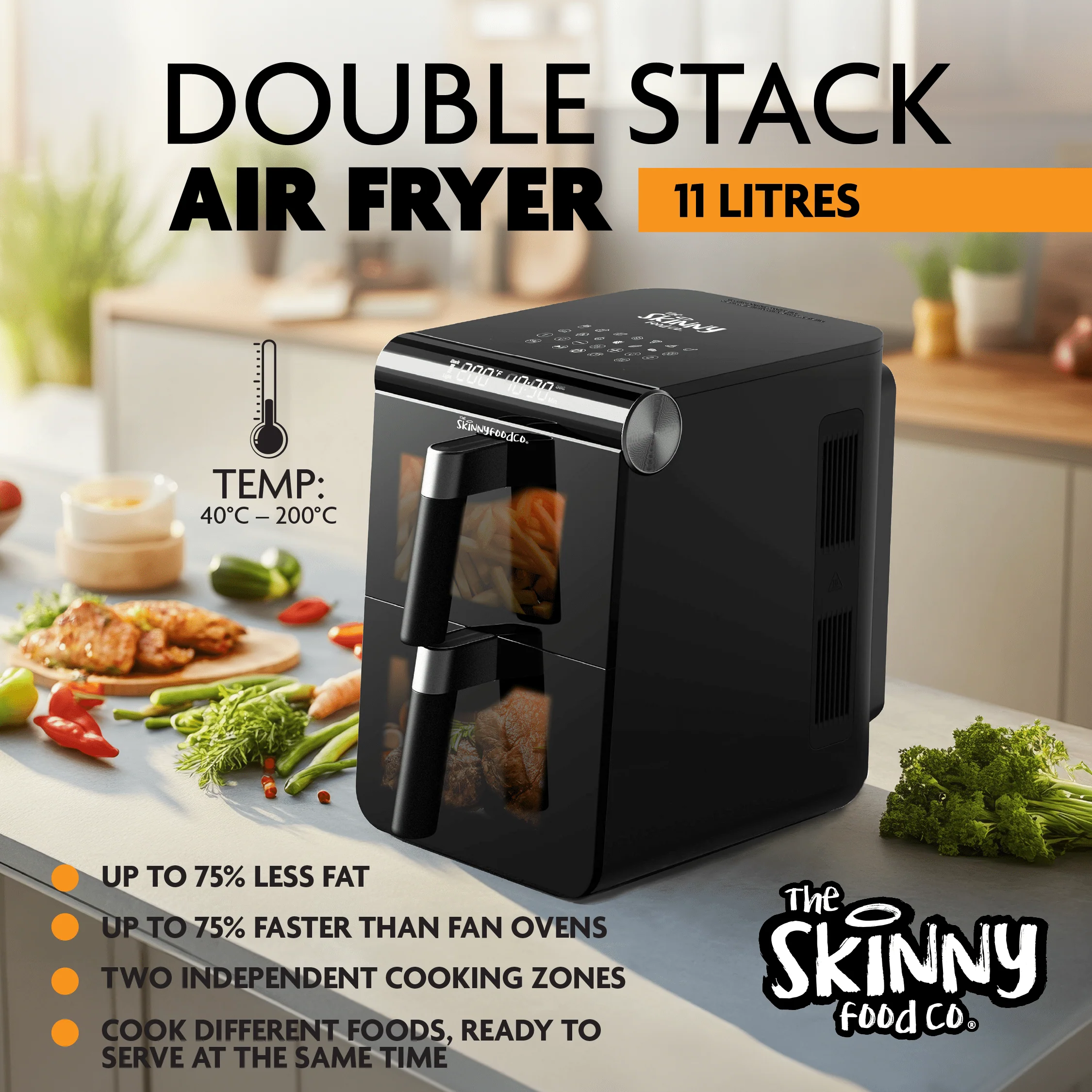 Skinny Food Co Black Double Stack Air fryer 11 Litre (Free Digital Air Fryer Recipe Book) - Ninja Alternative - Image 4